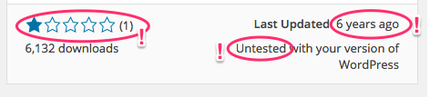 A screenshot of a WordPress plugin with low ratings that hasn't been updated for 2+ years