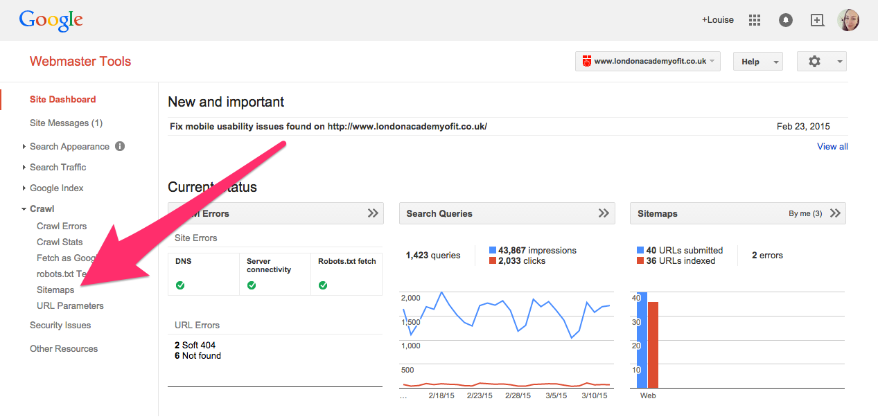 Screenshot of the Sitemaps menu item underneath the Crawl menu item in Google's Webmaster Tools