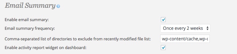 A screenshot showing the Wordfence plugin's 'Advanced Options - Email Summary' area in WordPress