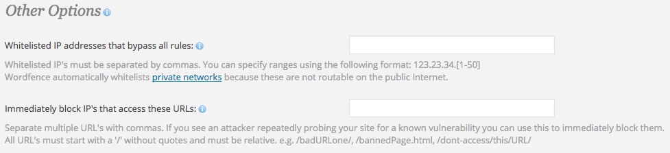 A screenshot showing the Wordfence plugin's 'Advanced Options - Other Options' area in WordPress